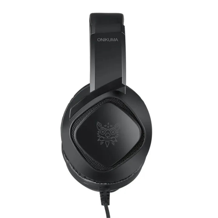 Black gaming headset with a logo on the front, on a white background