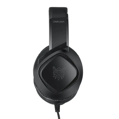 Black gaming headset with a logo on the front, on a white background