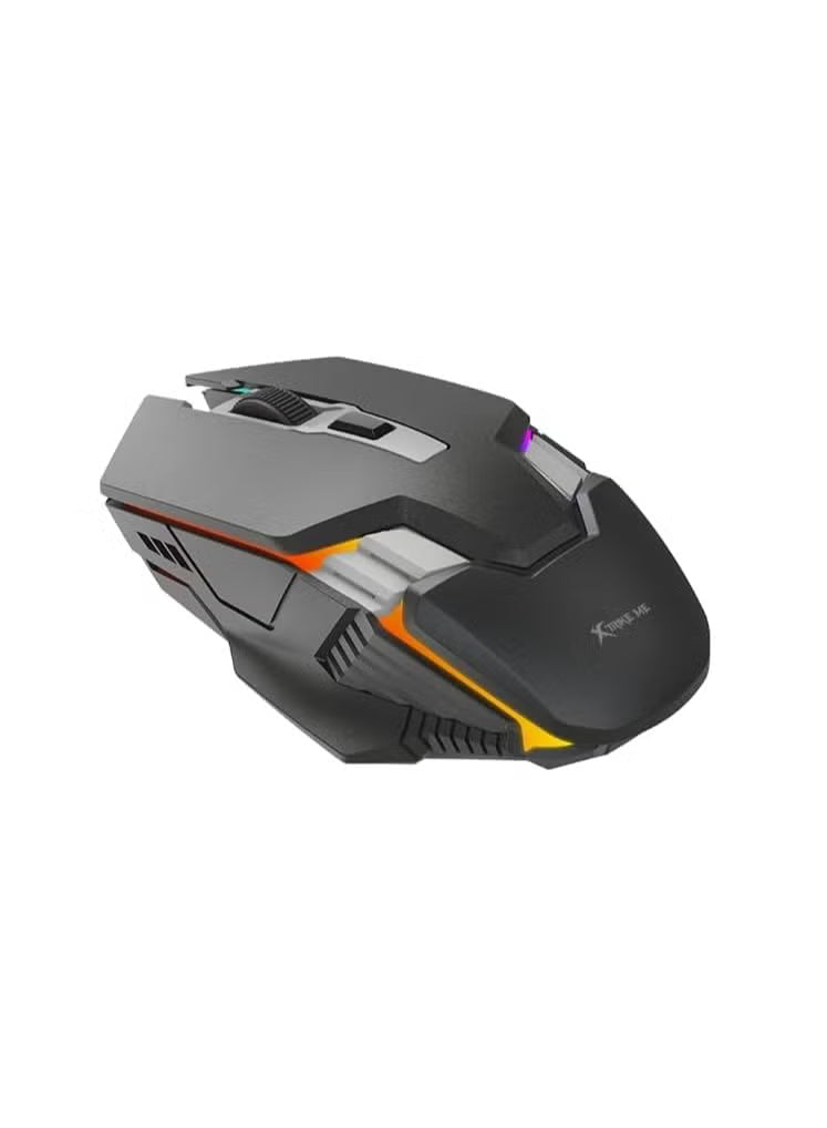Black gaming mouse with orange accents on a white background