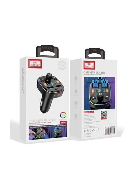 Two packaging boxes of a car MP3 player with visible branding on a white background.