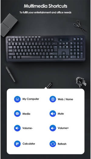 Black keyboard on a dark surface with multimedia shortcuts displayed below.