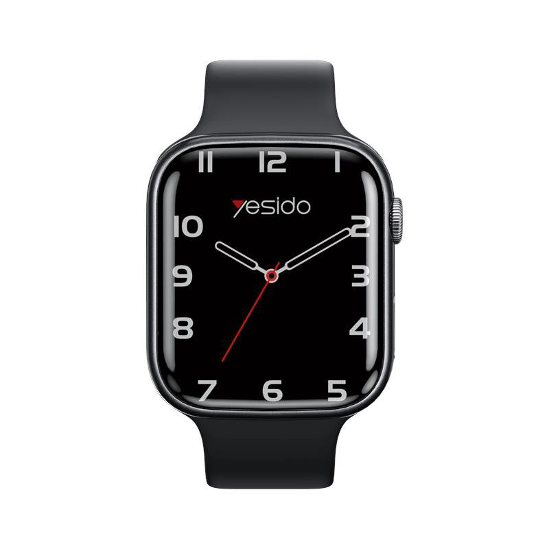 Black smartwatch with a red second hand on a white background