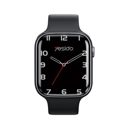 Black smartwatch with a red second hand on a white background