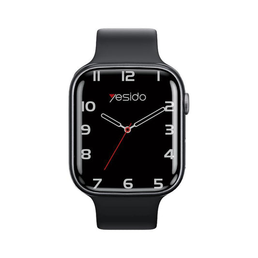 Black smartwatch with a red second hand on a white background