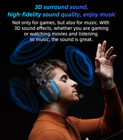 Person wearing a headset with 3D sound effects and text about 3D surround sound and high-fidelity quality.