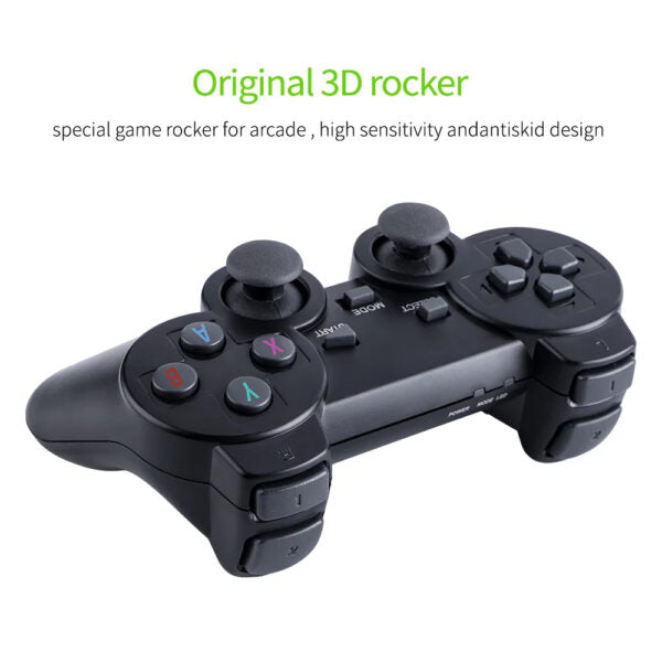 Black game controller with 3D rocker design on a white background