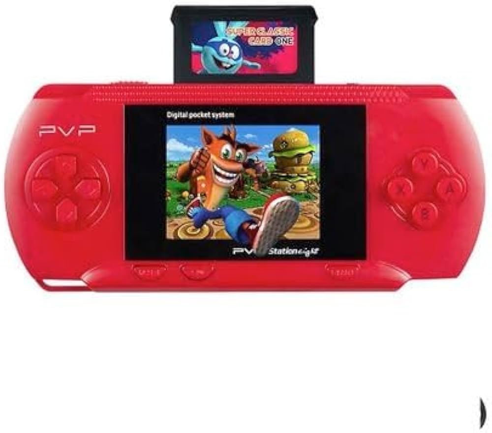Red handheld gaming console with a screen displaying a game, on a white background