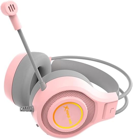 Pink and gray gaming headset with microphone on a white background