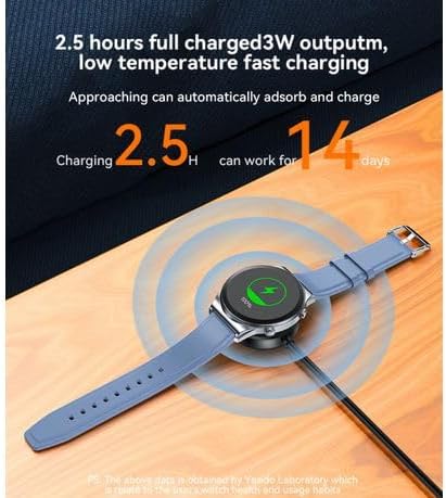 Smartwatch with charging cable on a wooden surface, featuring text about charging time and capabilities.