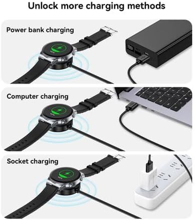 Smartwatch being charged with power bank, computer, and socket on a white background