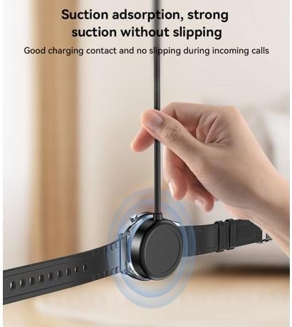 Smartwatch with a black band being held by a hand, with text about suction adsorption and charging contact.