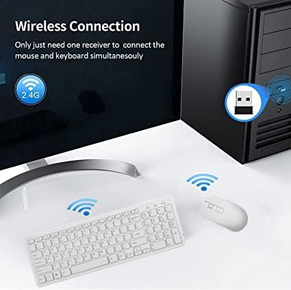 Computer setup with keyboard, mouse, and monitor displaying wireless connection features.
