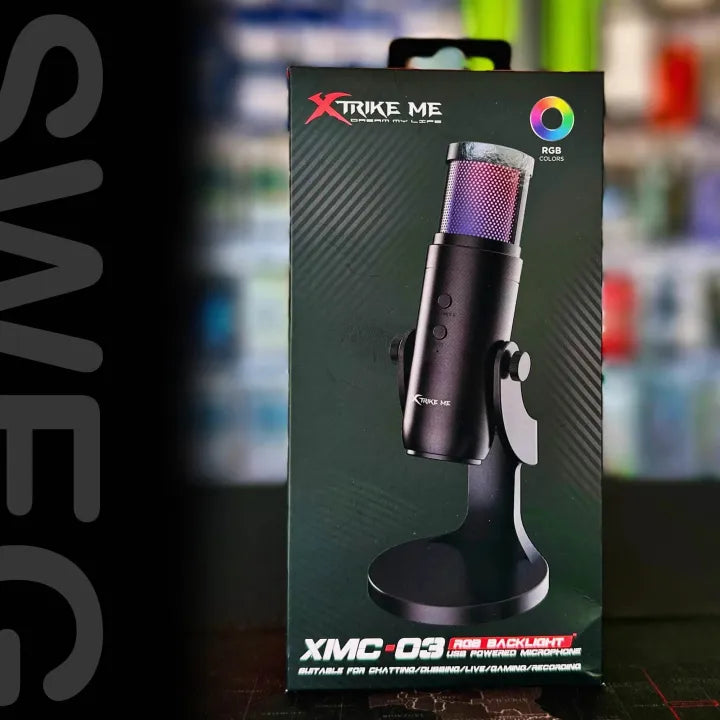 XStrike Me microphone packaging with RGB lighting feature on a blurred background