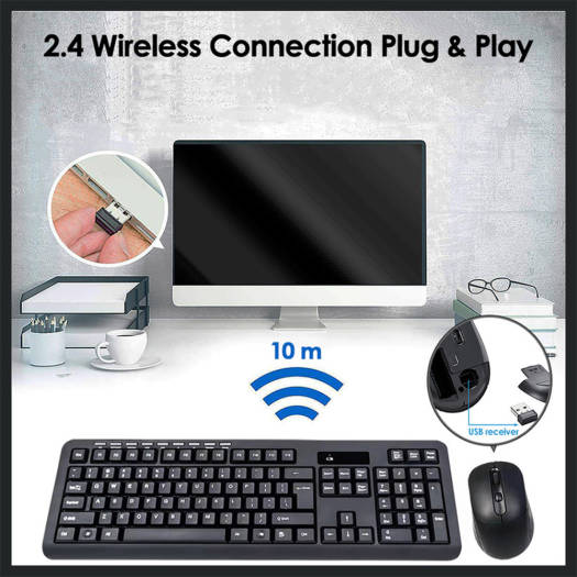 Wireless keyboard and mouse set with monitor on desk, emphasizing 2.4 GHz wireless connection.