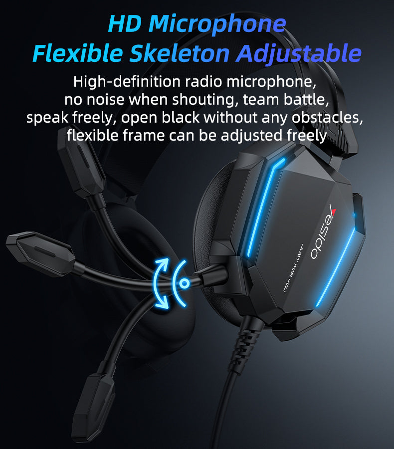 Gaming headset with flexible microphone on a dark background