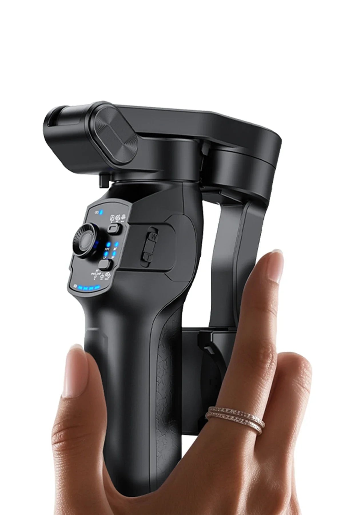 Hand holding a black camera stabilizer with a white background