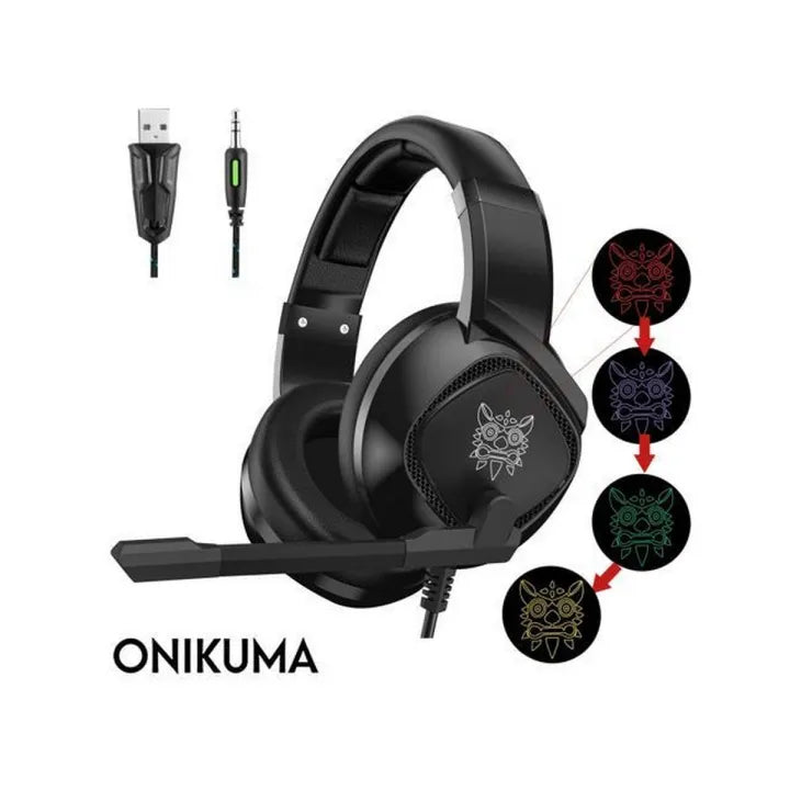 Black gaming headset with microphone and USB cable on a white background, featuring the brand 'ONIKUMA'.