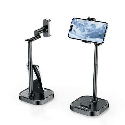 Two black phone stands on a white background