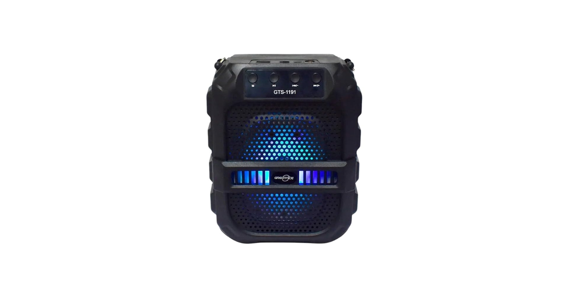 Black portable speaker with blue LED lights on a white background