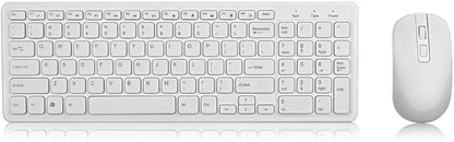 White keyboard and mouse set on a reflective surface