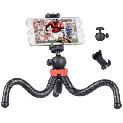 Phone holder with flexible arm and additional attachments on a white background