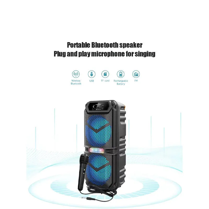 Portable Bluetooth speaker with blue lights on a white background