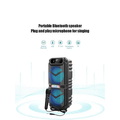 Portable Bluetooth speaker with blue lights on a white background