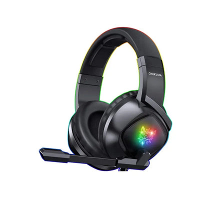 Black gaming headset with RGB lighting on a white background