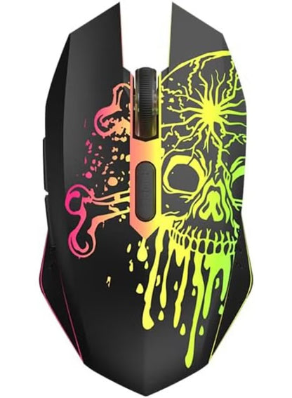 Gaming mouse with colorful skull design on a white background