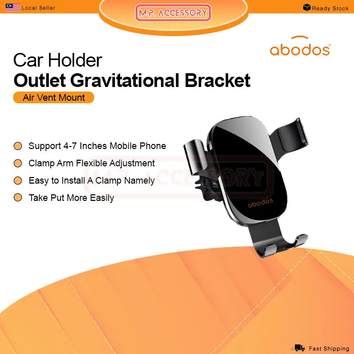 Car holder outlet gravitational bracket with abodos branding on an orange background