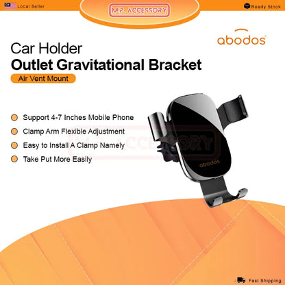Car holder outlet gravitational bracket with abodos branding on an orange background