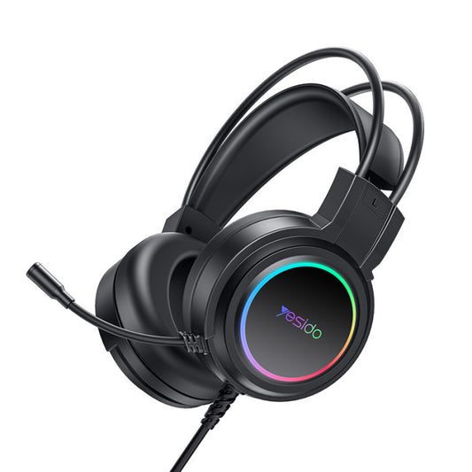 Black gaming headset with RGB lighting on a white background