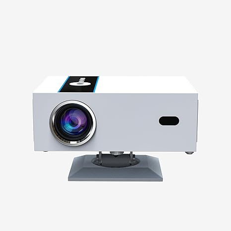 White projector with a blue light on a white background