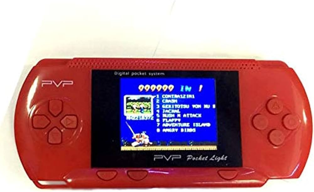 Red handheld gaming console with screen displaying game options on a white background