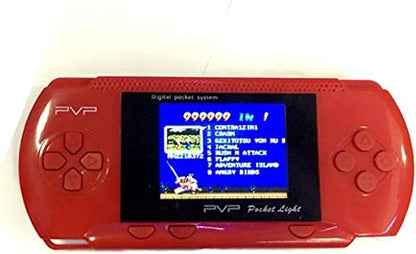Red handheld gaming console with screen displaying game options on a white background