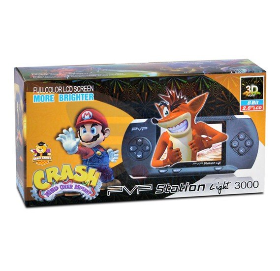 PVP Station Light 3000 gaming console packaging with Crash Bandicoot and Mario characters.