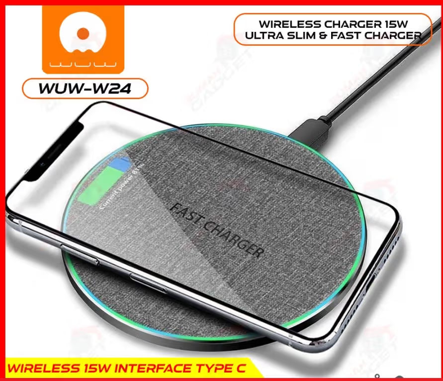 Wireless charger with text indicating 15W power and fast charging capabilities on a white background.