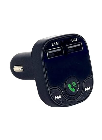Black car charger with USB ports and control buttons on a white background