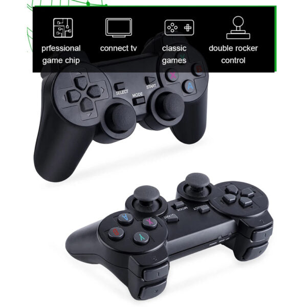 Black gaming controllers with features listed above on a white background