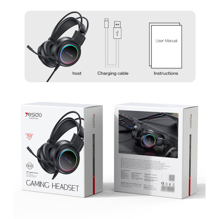 Gaming headset packaging with host, charging cable, user manual, and RGB lighting feature.