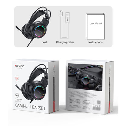 Gaming headset packaging with host, charging cable, user manual, and RGB lighting feature.