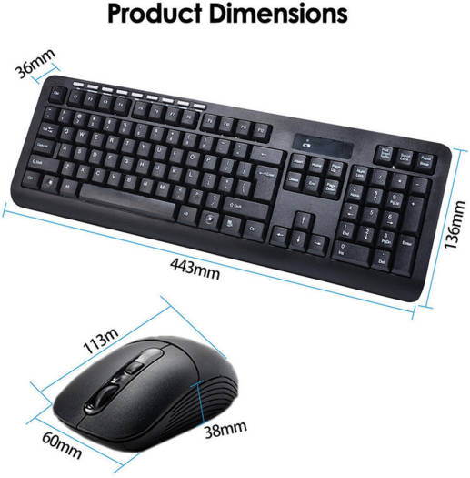 Black keyboard and mouse set with dimensions labeled on a white background