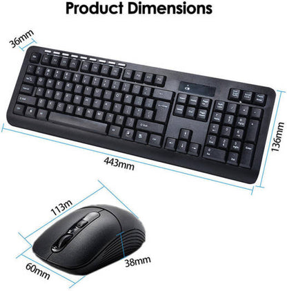 Black keyboard and mouse set with dimensions labeled on a white background