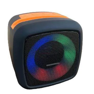 Colorful portable speaker with RGB lighting next to its packaging box on a white background