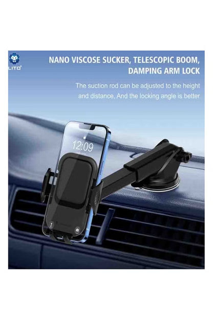 Car phone holder with telescopic boom and nano viscose sucker on a car dashboard.