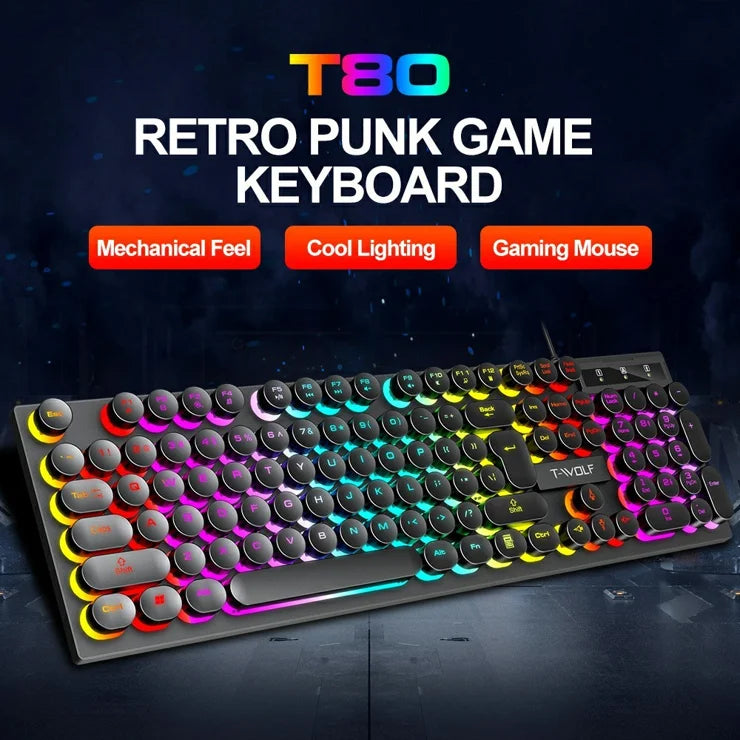 T80 Retro Punk Game Keyboard with colorful backlighting on a dark background