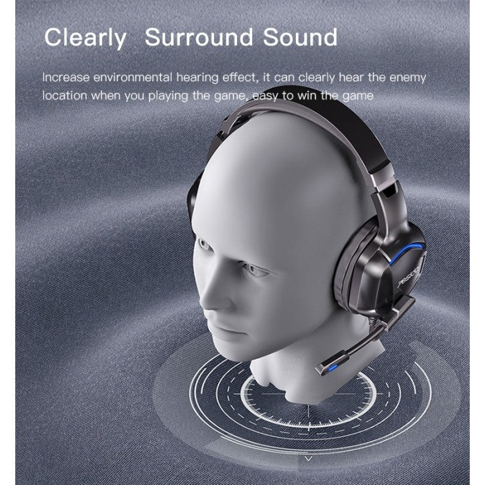Headset on a mannequin head with text about clear surround sound on a gray background