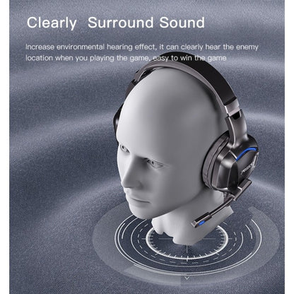 Headset on a mannequin head with text about clear surround sound on a gray background