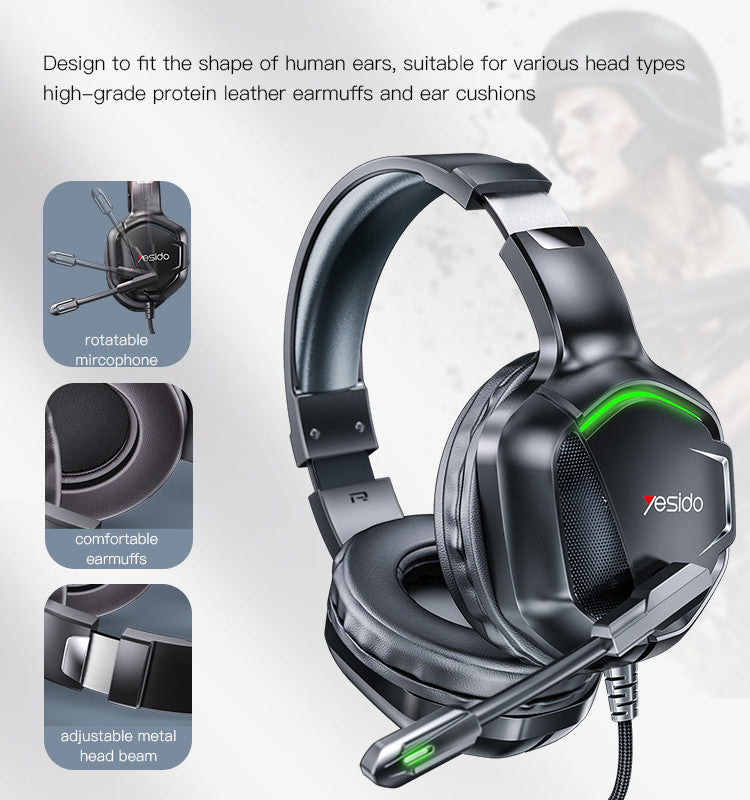 Gaming headset with microphone and ear cushions, featuring the YeSido brand.