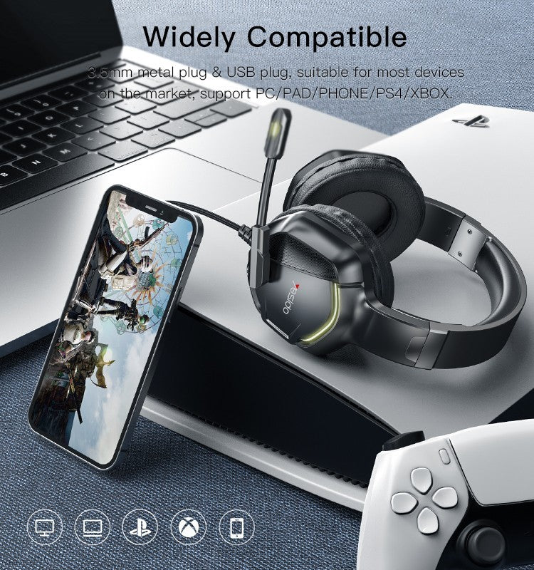 Headphones with a smartphone, laptop, and gaming console on a gray surface with text about compatibility.